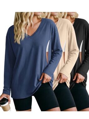 3 Pack Women's Oversize Nursing Shirts for Breastfeeding with Hidden Zippers